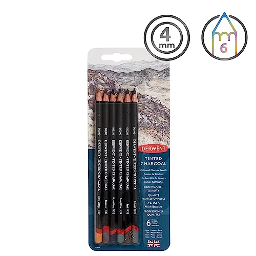 Derwent Tinted Charcoal Drawing Pencils Blister, Watersoluble Pencils, Ideal for Smuding and Blending, Professional Quality - 2301689 (Set of 6)