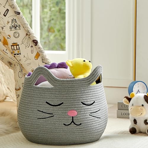 Image of ALBY Woven,Tall Wicker Laundry Basket for Blankets,Clothes,Pillows,Toys,Shoes Large Cotton Laundry Hamper for Bedroom Living Room Bathroom Nursery (15d'' x 12h'' inch, grey cat A)