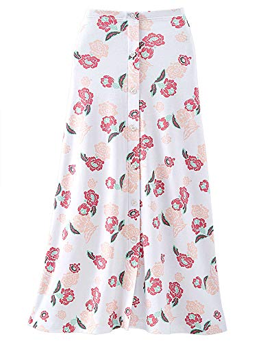 UltraSofts Peony Blossom Skirt - Pink Flower Print, Faux-Button Front, Easy Pull-On/Off, Side Pockets, Comfortable Soft Knit, Multi Floral, Medium