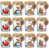 Potchen 12 Pack Christmas Santa Claus Clear Candle Jars for Making Candles 7 oz Empty Glass Jars with Wood Lids and Blessing Card Snowman Candle Containers for DIY Gifts Home Tea Party Holiday Decor