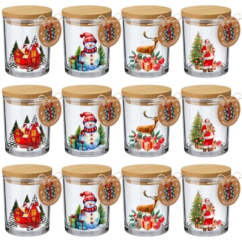 Potchen 12 Pack Clear Candle Jars for Making Candles 7 oz Empty Glass Jars with Wood Lid and Holiday Card Candle Container for DIY Gifts Storing Biscuits Home Tea Party Favors Decor(Santa Claus)