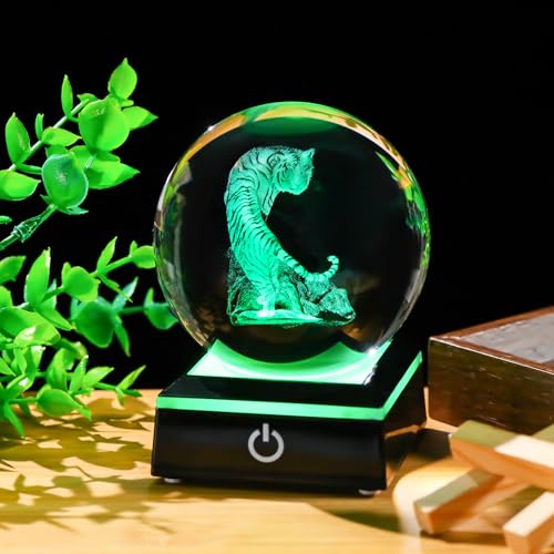 Image of Arikyrist 3D Tiger Crystal Ball Figurine with Colorful Light Base, Tiger Gifts for Women Men on Christmas Birthday, Laser Engraved Tiger Collectible Globe Glass Decorative Ball for Home Office (80mm)