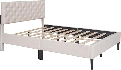 Miniatura 25 de Base de cama tapizada de lino de tamaño matrimonial con cabecera cómoda, plataforma moderna de mediados de siglo con soporte de listones de madera