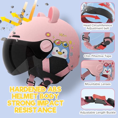 Image of Proberos Kids Bike Helmet for Boys & Girls Ages 5-12, UV400 Sun-Proof Goggle Lightweight Cartoon Bike Helmet with Detachable Ear Guards & Adjustable Chin Strap, Cushion Liner Design, Light Pink