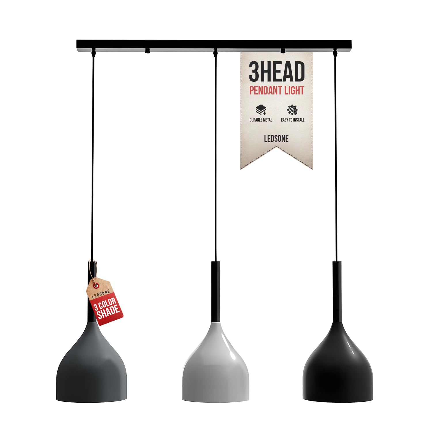LEDSone Grey, White & Black Modern 3 Head Pendant Light, Vintage Ceiling Bar Light Fitting, Adjustable Hanging Rope Light, E27 Socket Pendant Lamp for Kitchen Dining Room Bar