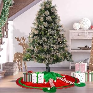 48 Inch Elf Tree Skirt with Striped Legs and Pom, Large Red and Green Tree Skirt for 6 ft Tree, Quilted Elf Themed Decorations and Ornaments for Xmas Party Christmas Tree 48 Inch Elf Tree Skirt with Striped Legs and Pom Large Red and Green Tree Skirt for 6 ft Tree Quilted Elf Themed Decorations and Ornaments for Xmas Party Christmas Tree