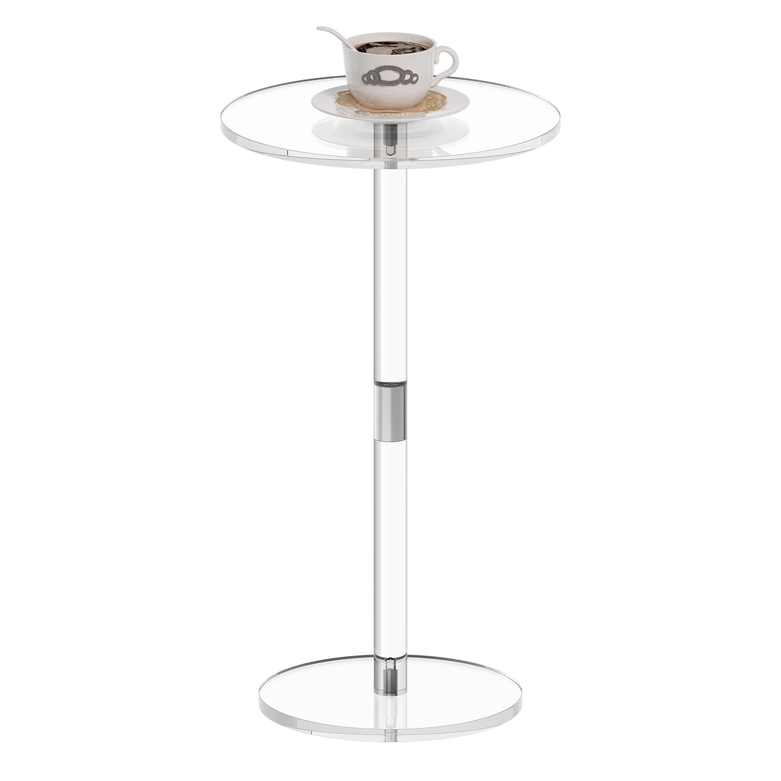 Mesa de bebida acrílica para espacios pequeños, 11.8 pulgadas de largo x 11.8 pulgadas de ancho x 21.3 pulgadas de alto, mesa auxiliar de pedestal transparente para sala de estar, redonda,