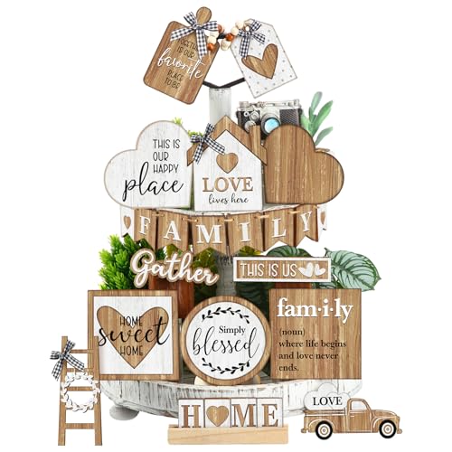 Yaomiao 21 Pcs Farmhouse Tiered Tray Decor Set Rustic Farmhouse Wood Sign Decor Items Vintage Rustic Family Gather Blessed Tiered Tray This is Our Happy Place Sign for Home Kitchen Table Shelf