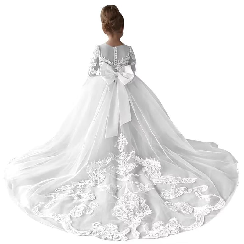 Long Sleeve Flower Girl Dress Tulle Lace Appliques Bow-Knot Princess Pageant Dresses for Girls