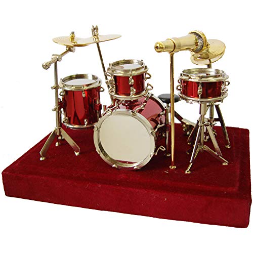 Red Drum Set Music Instrument Miniature Replica on Stand, Size 5 x 5