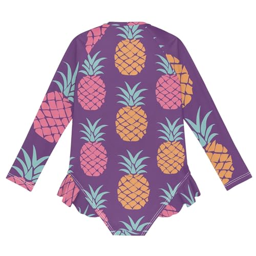 Girls One Piece Swimsuits Long Sleeve Swimsuit Zipper Bathing Suits Pineapple Tropical Purple2