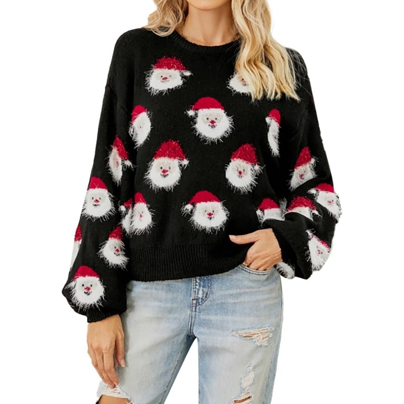 Ugly Christmas Sweaters for Women Cute Santa Knitted Pullover Casual Loose Crewneck Long Sleeve Ugly Xmas Sweaters Ladies