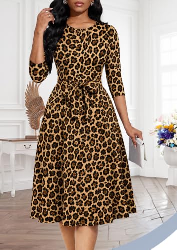 Image of Casual Dresses for Women Midi Church A-Line Fit and Flare Dress Crewneck 3 /4 Sleeve Party Dress