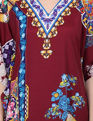 Image of Miss Lavish London Maroon Kaftan Dresses for Women V Neck Batwing Sleeve Beach Vacation Bikini Swimsuit Cover Ups,Resort Wear Cruise Coverup-Maroon-3XL