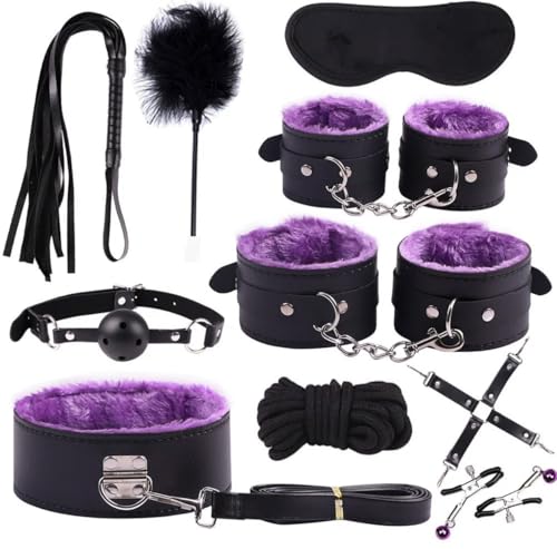 Image of 12 Pcs BDSM Kit, Bondage Restraints Set Anal Butt Plug Tail Cat Ear Nipple Clamps Blindfold Handcuffs Collar Paddle Sex Toys for Couple Purple&Black