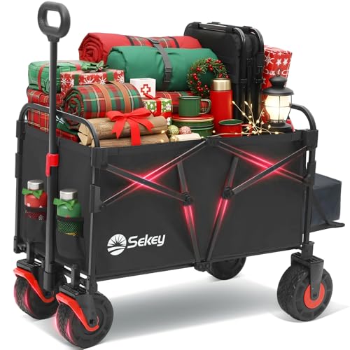 Sekey Bollerwagen Faltbar XXL 200KG 155L, Breite Blasformräder Speziell als Faltbarer Bollerwagen Strand, Strandwagen Klappbar mit Heckklappe, Diamant 2001, Schwarz