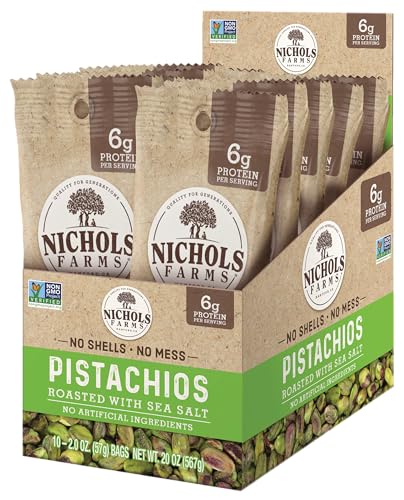 Image of Nichols Farms Pistachios - Fresh Roasted No Shell Pistachios, Nutrient Rich Nuts Snack Packs, Non-GMO, California Grown, Healthy, Wonderful Tasting, Single Serve Multi-Pack - Roasted with Sea Salt