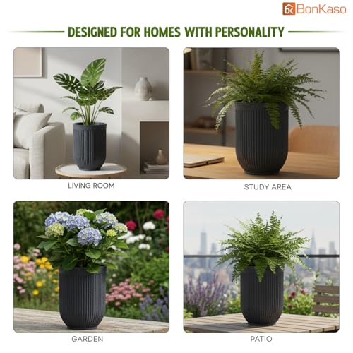 Image of Bonkaso 24 Inch Burj Khalifa Ribbed Planter for Indoor & Outdoor Use | Round Heavy Duty Polymer Flower Pot | Lightweight Weather Resistant Modern Gamla for Living Room Balcony & Terrace (Dark Grey)