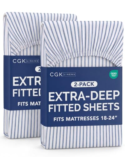 Image of CGK Linens 2 Pack Extra Deep Cal King Fitted Sheets - Blue Stripes