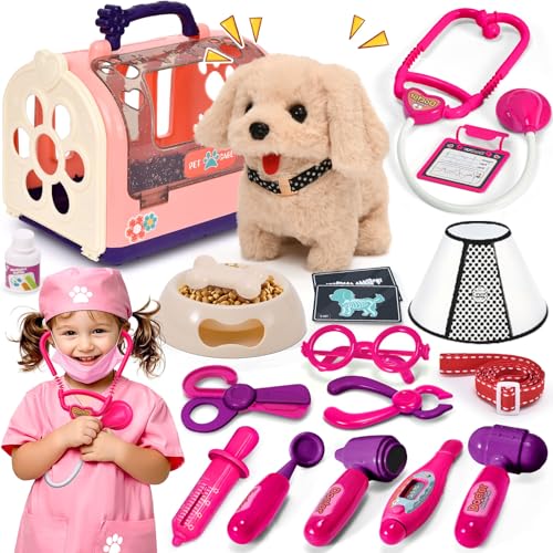 G.C Chien Jouet Enfant Électrique Chien Interactif avec Kit Docteur Déguisement Vétérinaire et Cage, Peluche Chien Qui Marche Aboie et Toilettage Jeu de...