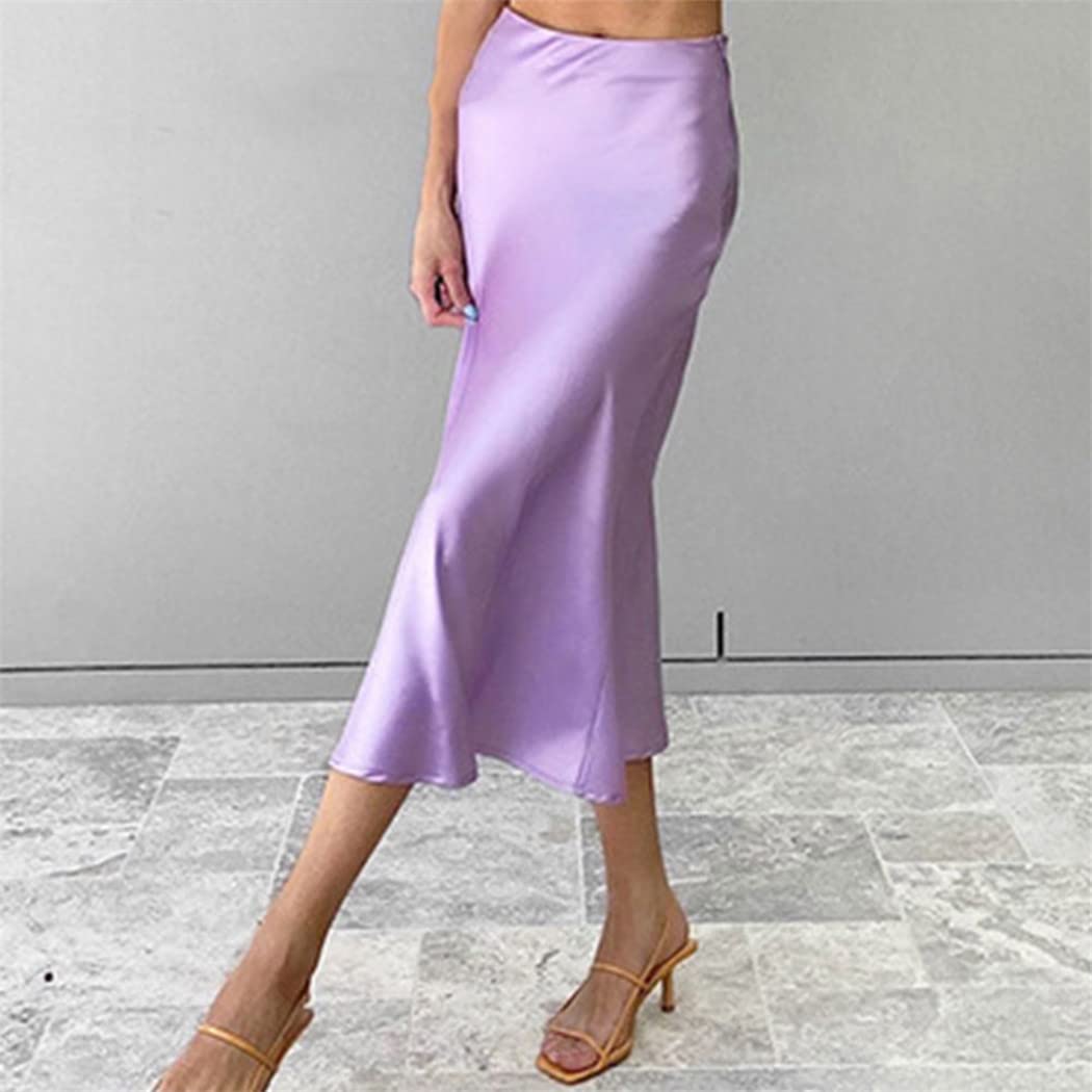 FULBHPRINT Estate Ufficio Signora Minigonna Casual Vita Alta Seta Gonne Lunghe Donne Raso High Street Aderente Gonne, rosa, L