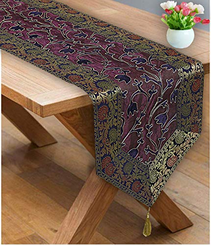 Image of Ari Zari Embroidery Table Runner for Dining Table 6 Seater 72 Inch Blue & Purple Rajasthani Indian Satin Traditional Long Runner Up with Tassels Coffee Tablecloth