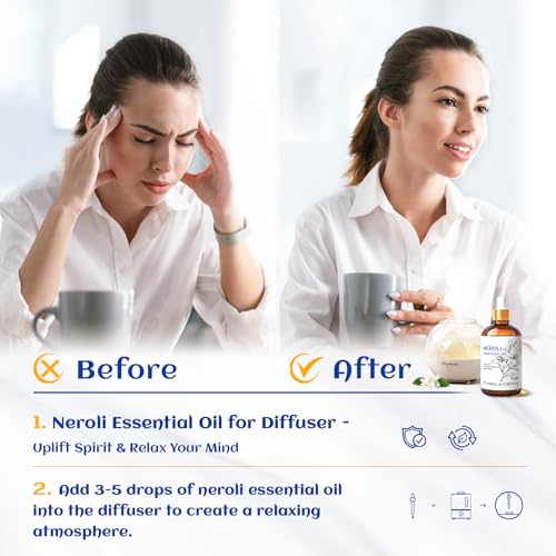 Image of HIQILI Neroli Essential Oil 3.38 Fl Oz, Pure Natural Neroli Oil for Skin, Diffuser, Includes 10ML Travel Bottle - 100ML