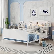 Full Kids Bed Frame with LED Lights Double Side Fence Metal Platform Bed with Upholstered Storage Headboard & Footboard Low-Profile Bed with Spiral Guardrail Metal Slats Support,White
