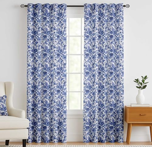 Vargottam Cotton Curtains for Windows - 3-in-1 Rod Pocket/Back Tab Short Window Drapes - Light Filtering Cotton Canvas Panels - Set of 2, 52"x63" - Leaves Design (Blue)