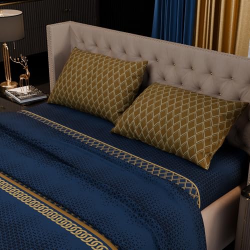 Image of Stoa Paris 100% Bamboo Cotton King Size Bedsheet with 2 Pillow Covers, 200TC Printed Bedding Set, Breathable, All-Season Comfort, Aesthetic Home Decor, Imperial Grandeur - Indigo Arcadia(228cmx274cm)