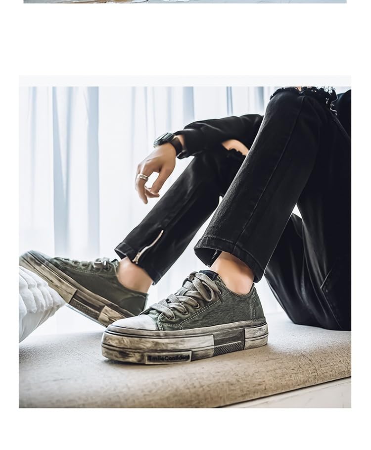 Vintage Style Street-Inspired Men's Canvas Skate Shoes - Distressed Solid Color Lace-Up Low Top Sneakers for Casual, Daily Wear - All-season Fabric Lined Rubber Sole Skateboarding Shoes with Round Toe4