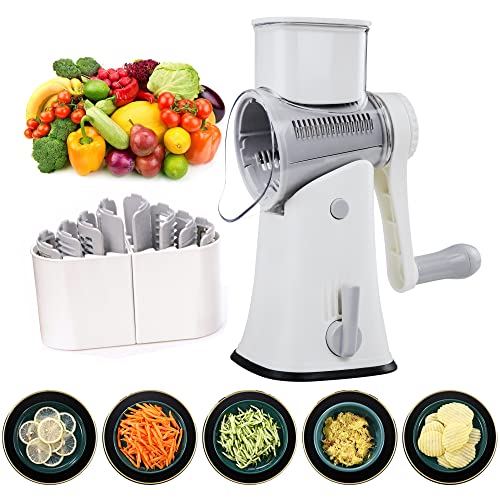 BenRich 5 in 1 Rotary Cheese Grater & Vegetable Slicer - with 5 Interchangeable Blades and Comfort Handle, Kitchen Mandoline Slicer for Cheese, Vegetables and Nuts (White)