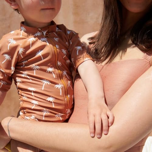 Image of Girls One Piece Swimsuit Zipper Long Sleeve Rash Guard Green Striped Sunsuit Seersucker Bathing Suit with Ruffle Butt