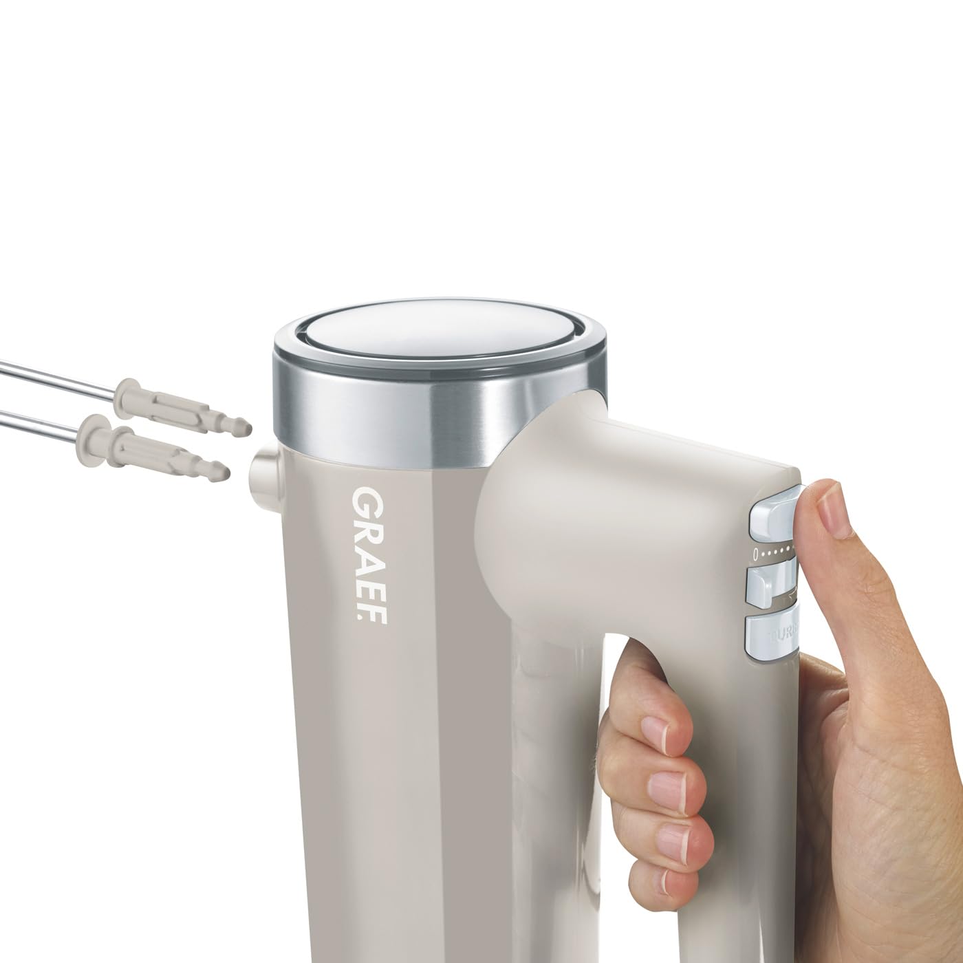 GRAEF Handmixer HM508 Taupe, 7 Geschwindigkeitsstufen Turbo-Taste, Leise im Betrieb, Auswurftaste – Handrührgerät, Extrahohe Knethaken auch für tiefe Schüsseln
