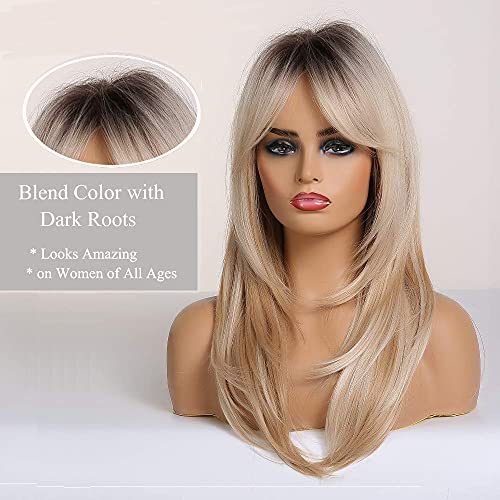 OUFEI 20 Inches Long Straight Blonde Layered Synthetic Hair Wigs for Women with Dark Roots for Daily Party Use - Image 3