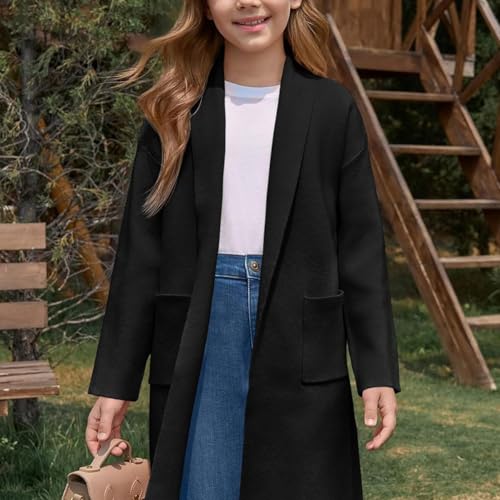 Girls' Medium to Long Knitted Cardigan, Shawl Collar, Practical Pockets, Loose Jacket3