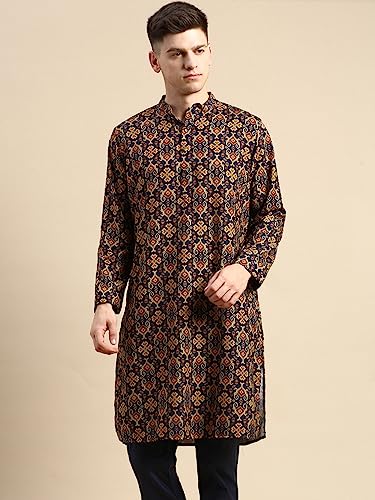 Image of Men's Black Art Silk Regular Fit Ethnic Motifs Kurta | Indian Kurta | Festive Ethnic Kurta with Embroidered Packet