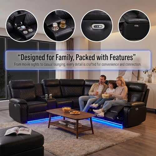 Image of Power Reclining Sectional Sofa for Living Room,Modern L-Shaped Air Leather Sectional Couch Set,Recliner Sofa Set,with LED Lights,Cup Holder,Storage,Charging Ports,Home (Blcak)