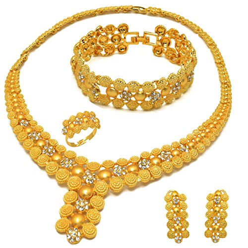 Parure de bijoux indienne Bollywood pour femme - Plaqué or 24 carats - Collier et boucles d'oreilles - Bracelet tendance - Pour mariage, bal de fin d'année,...