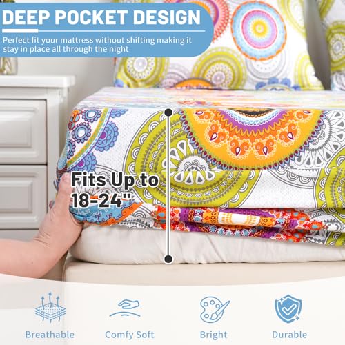 Bedlifes Queen Size Extra Deep Pocket Sheet Sets - Fits Mattresses Up to 18-24" Thick, 4-Piece Microfiber Set with 1800 Thread Count, Soft, Smooth, Breathable, Featuring Mandala Patterned
