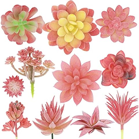 Tiita Small Artificial Succulent Plants Fake Faux Succulents Plants Floral for Garden Wedding Home Decor Different Size Different Type Unpotted Textured Succulents for DIY- 11pcs Pink Flowers Cover