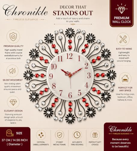 Image of CHRONIKLE Floral Design Stylish Round Diamond Studded Analog Metal Crystal Wall Clock for Living Room Home Decorations Office Gifts (Size: 37 x 5 x 37 CM | Color: Red & Black | Weight: 735 Gram)