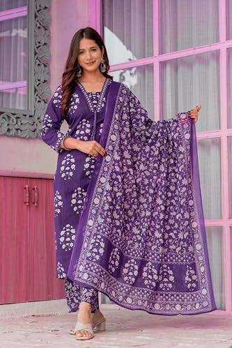 Image of PARTHVI Women's Pure Cotton Printed Straight Kurta Set with Palazzo Pants & Dupatta- Ethnic Wear, Green
