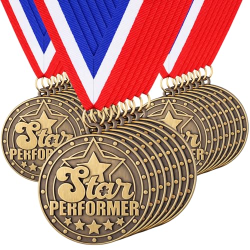 Loetere 30 Pcs 2''Star Performer Medal Award with Red White Blue Neck Ribbon Gold Medal Bulk for Employee Recognition Student Awards Sports Competitions Classroom Rewards