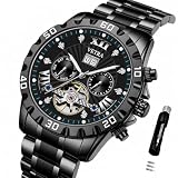 Vetra Mens Black Automatic Watch Self Winding Skeleton Tourbillon Luxury Diamond Business Dress Stainless Steel Multifunctional Date Waterproof Luminous Men Watch