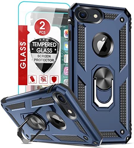 LeYi for iPhone SE 2020 Case,iPhone SE 3 2022 Case, iPhone 8/7 / iPhone 6/6S Case and 2 Tempered Glass Screen Protector,Ring Holder Shockproof Tough Protective Silicone TPU Armour Phone Cover, Blue