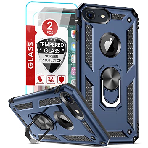 LeYi Coque pour iPhone SE3 2022/8/7/SE 2020/6/6s avec 2 Verre Trempé, Anneau Support Militaire Anti-Chute Renforcée Bumper Antichoc TPU Souple et PC Rigide Protection Etui Bleu