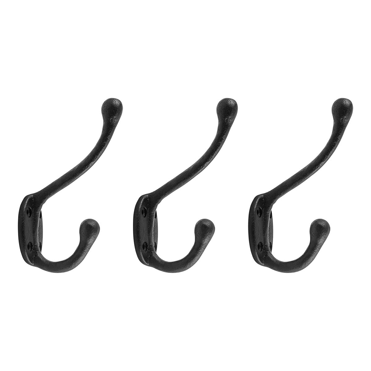 Renovators Supply Manufacturing Black Wrought Iron Robe and Coat Double Hooks 5 in. Long Rustic Entry Way Hat or Jacket Hanger Wall Mount Rust Resistant Bathroom Towel Hooks with Hardware Pack of 3