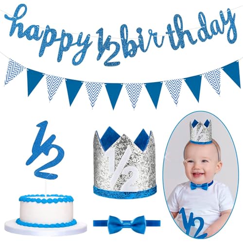 Image of Spakon Glitter Half Birthday 6 Months Happy Birthday Banner Set Happy 1/2 Birthday Baby Boy Girl 1/2 Half Year Cake Topper Triangle Flag Banner 1/2 Birthday Crown Hat Bow Tie (Dark Blue)