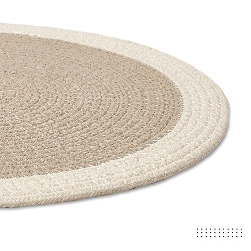 Image of Dining Table Mats Set of 4 | Cotton Table Mat 32 cm Diameter, Encasa XO Washable Round Table Mats, Heat Resistance Dining Table Placemats, Handmade Ribbed Style for Centre Table, Beige & Off White